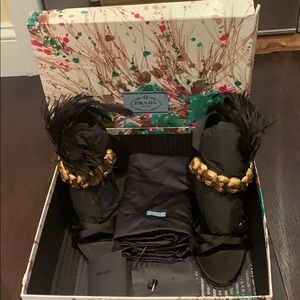 Prada black Feather Gold Jewel Sandal Heels 110mm